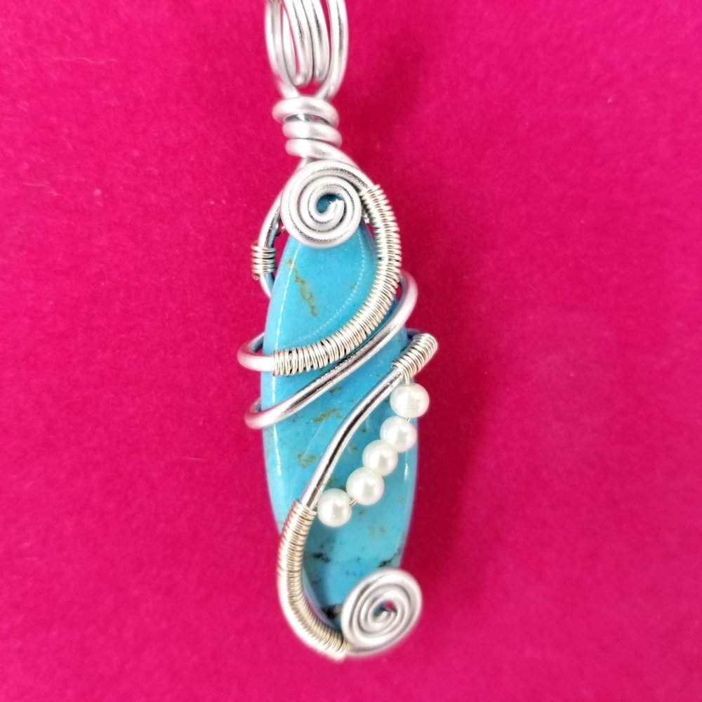 Turquoise Magnesite Gemstone Pendant Wire Wrap Necklace 925 Silver Chain Italy - Picture 5 of 8